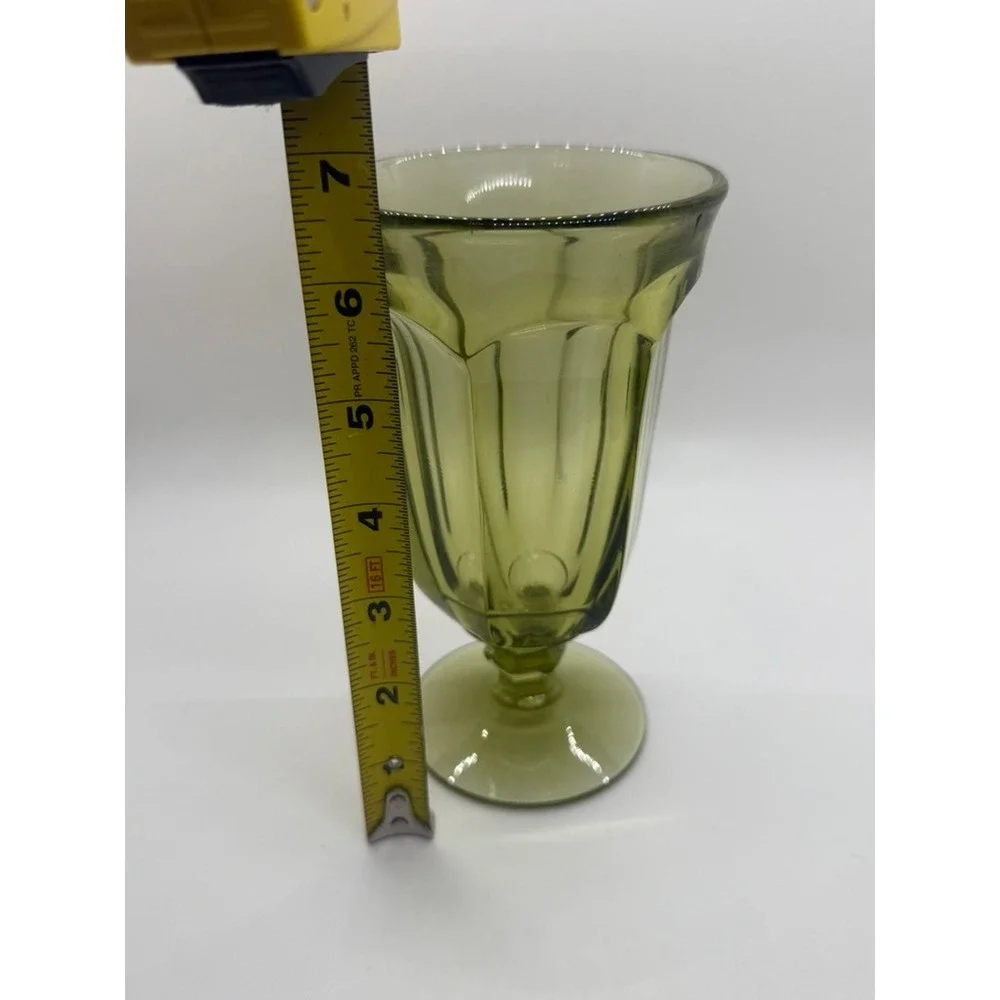 Vintage Olive Green Pressed Glass Goblets Set of 2 Water Wine Glasses MCM